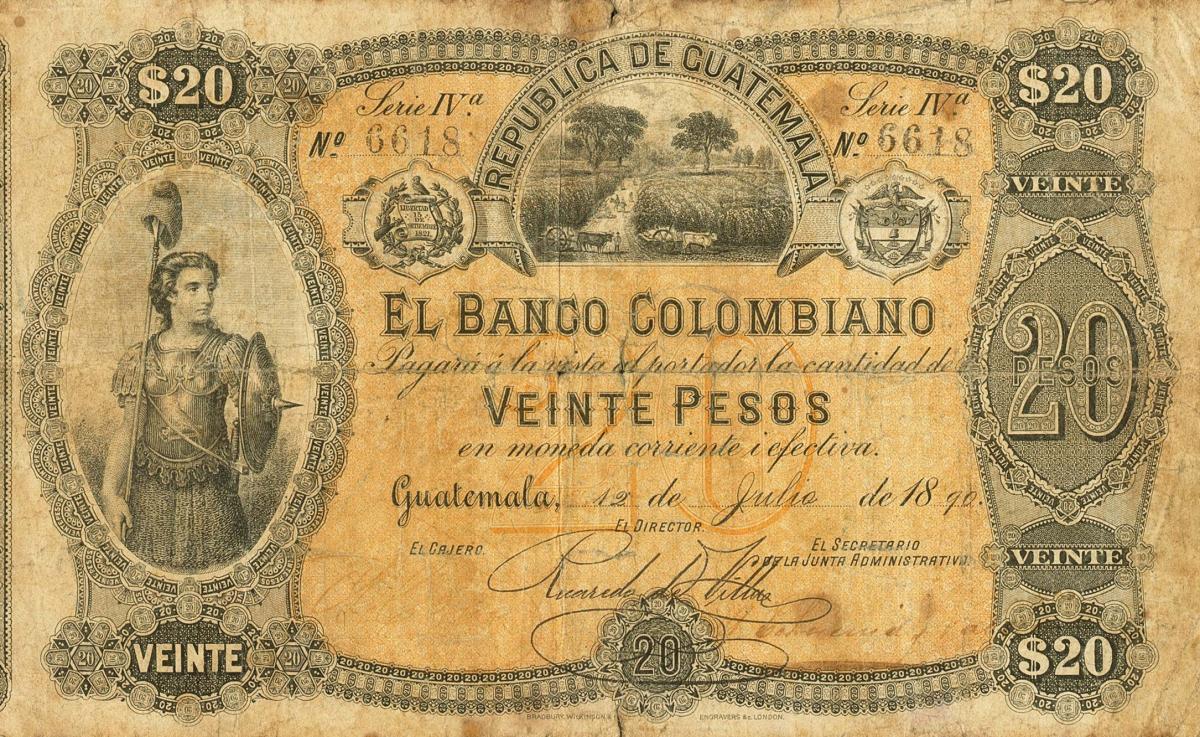 Front of Guatemala pS124a: 20 Pesos from 1890