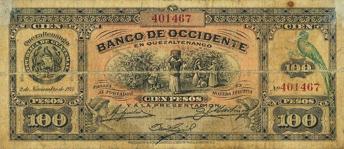 Front of Guatemala pS183a: 100 Pesos from 1921