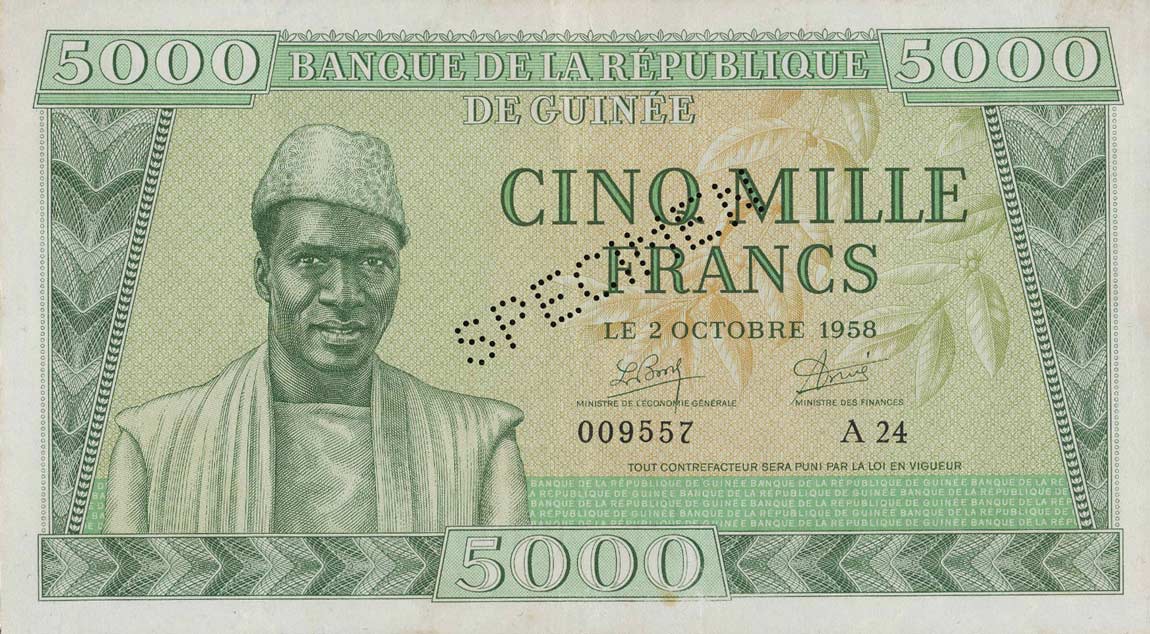 Front of Guinea p10s: 5000 Francs from 1958