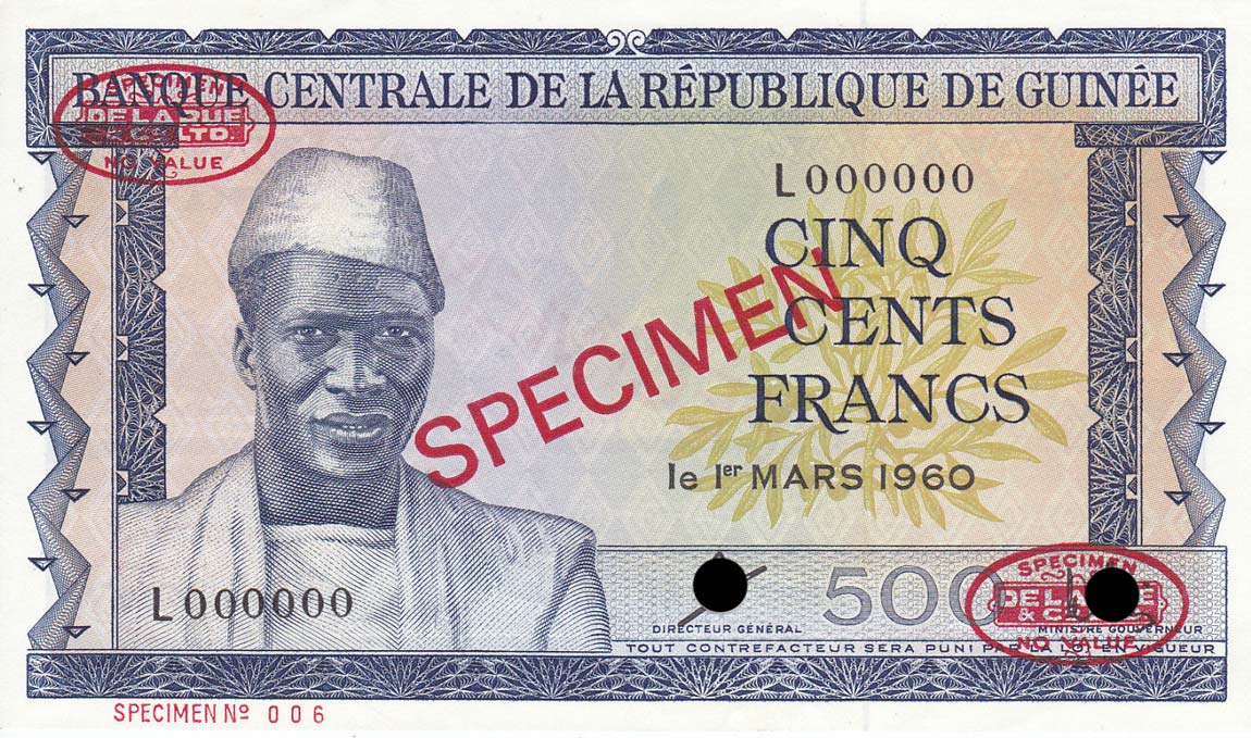 Front of Guinea p14s: 500 Francs from 1960