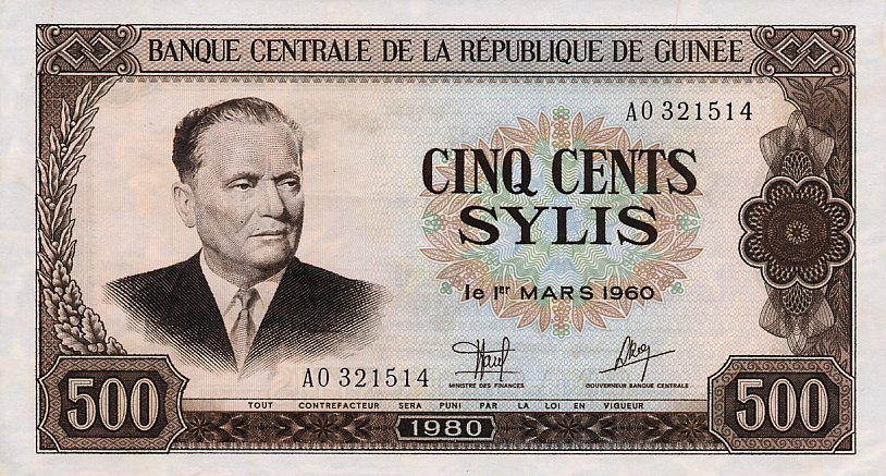 Front of Guinea p27a: 500 Syli from 1980