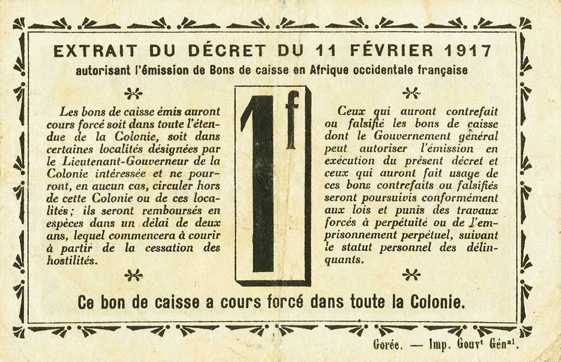 Back of Guinea p2c: 1 Franc from 1917