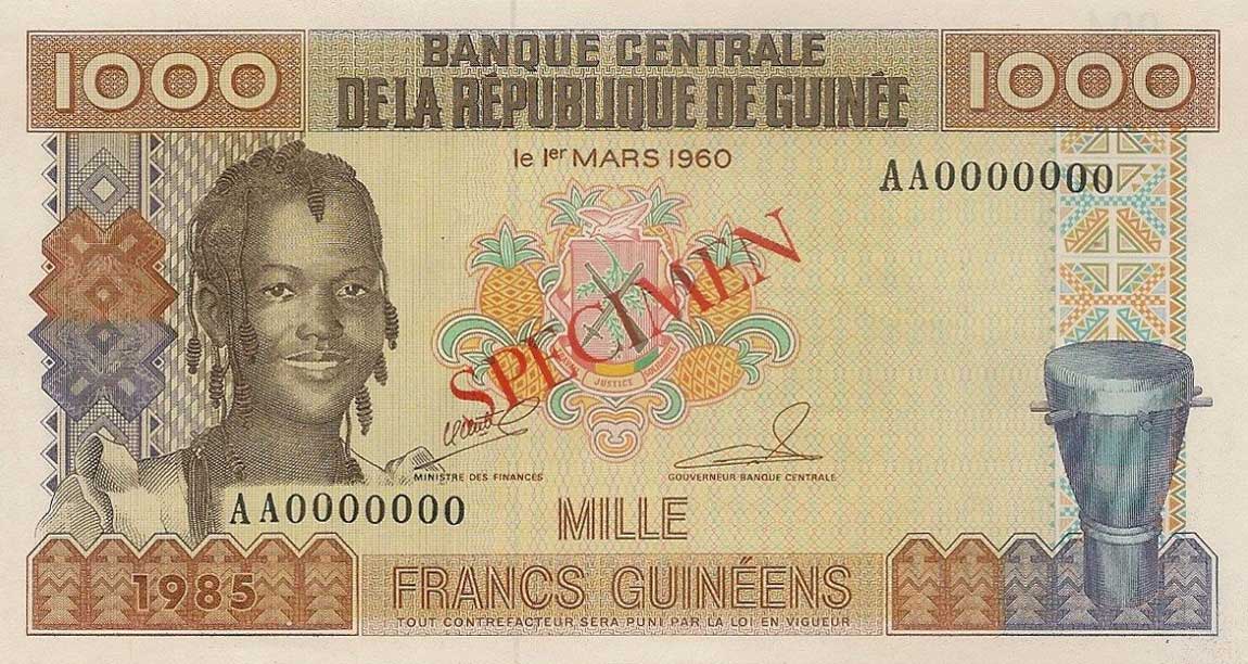 Front of Guinea p32s: 1000 Francs from 1985