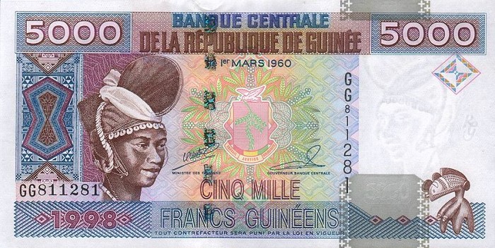 Front of Guinea p38: 5000 Francs from 1998