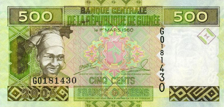 Front of Guinea p39a: 500 Francs from 2006