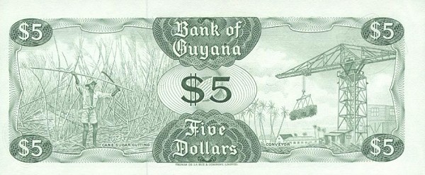 Back of Guyana p22e: 5 Dollars from 1966