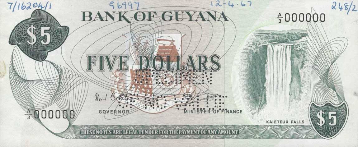 Front of Guyana p22s: 5 Dollars from 1966