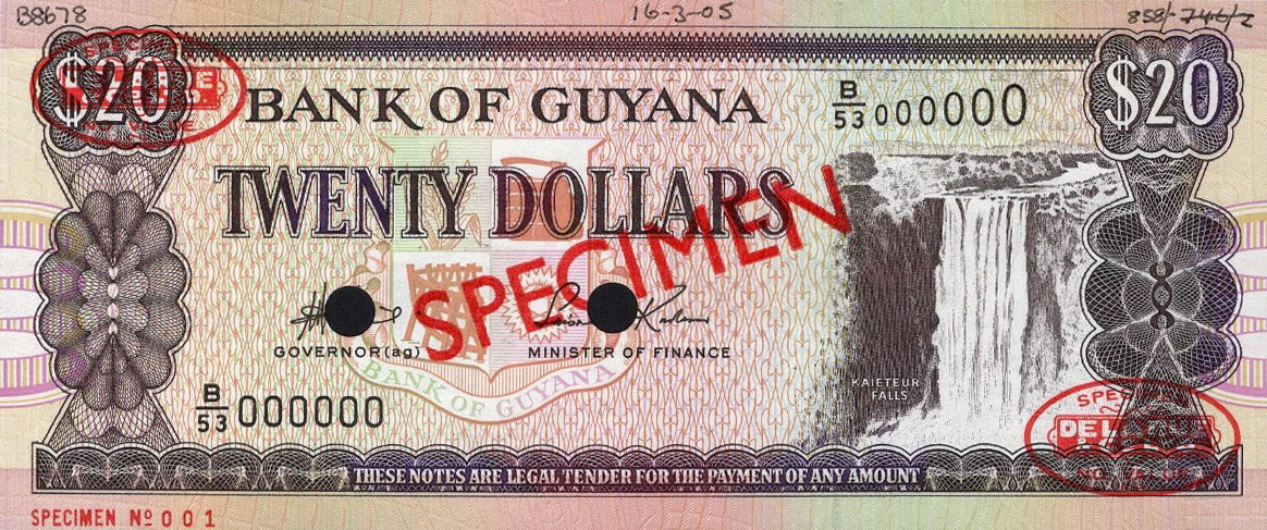 Front of Guyana p30s: 20 Dollars from 1996