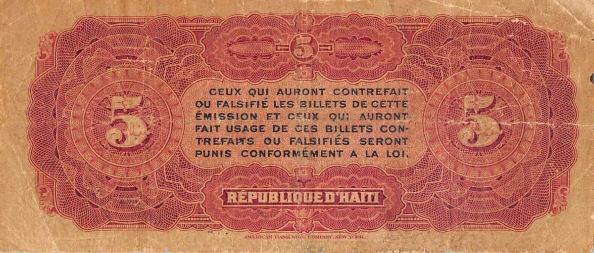 Back of Haiti p125a: 5 Gourdes from 1908