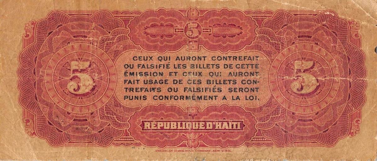 Back of Haiti p125a: 5 Gourdes from 1908