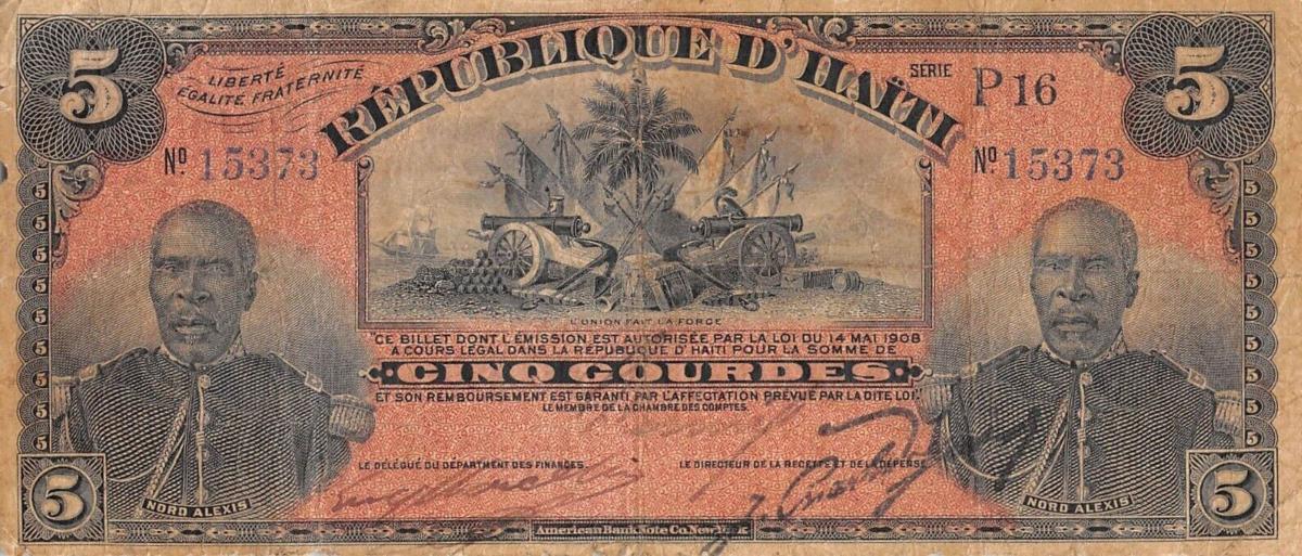 Front of Haiti p125a: 5 Gourdes from 1908