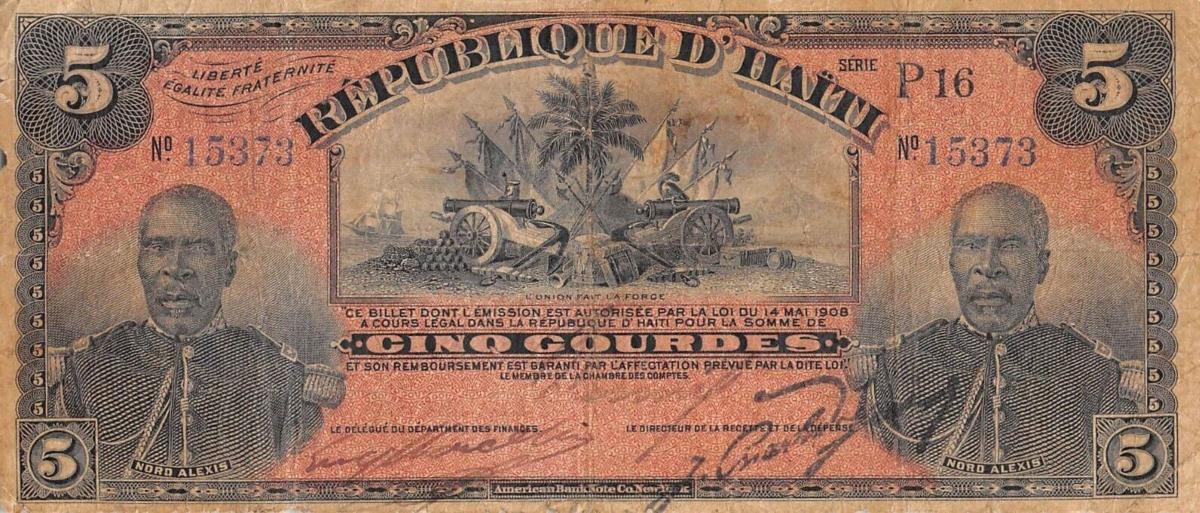 Front of Haiti p125a: 5 Gourdes from 1908
