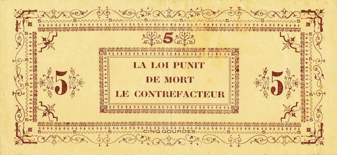 Back of Haiti p129a: 5 Gourdes from 1915