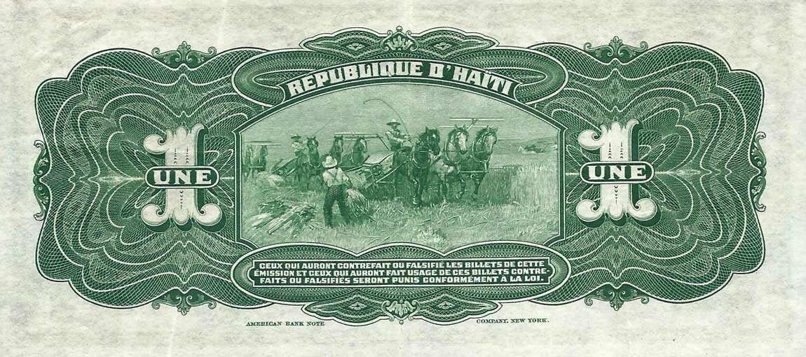 Back of Haiti p140a: 1 Gourde from 1919