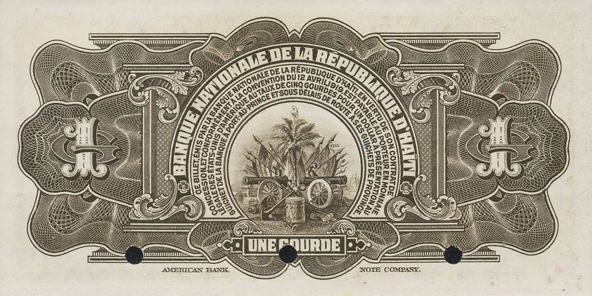 Back of Haiti p160s: 1 Gourde from 1919
