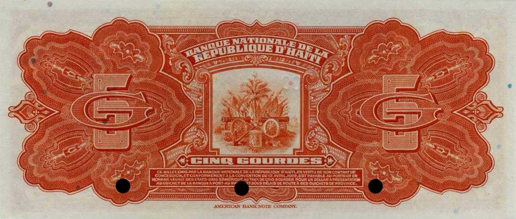 Back of Haiti p162s: 5 Gourdes from 1919