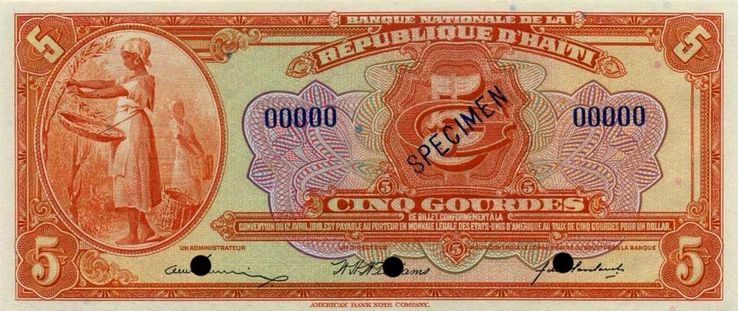 Front of Haiti p162s: 5 Gourdes from 1919