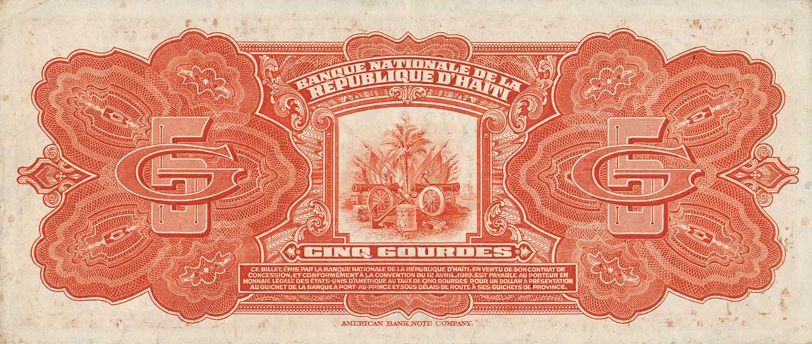 Back of Haiti p172a: 5 Gourdes from 1919