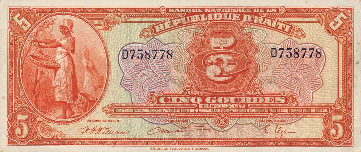 Front of Haiti p172a: 5 Gourdes from 1919