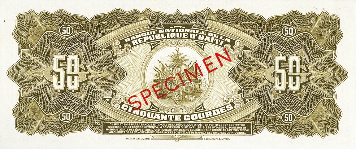 Back of Haiti p176s: 50 Gourdes from 1919