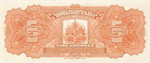 Back of Haiti p192a: 5 Gourdes from 1967