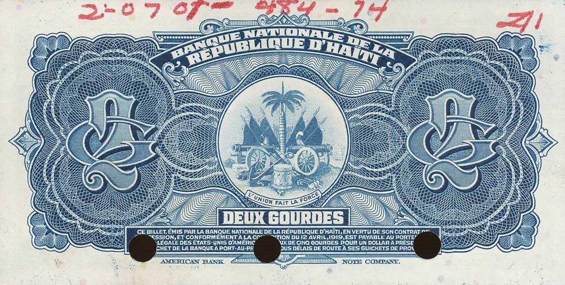 Back of Haiti p201s: 2 Gourdes from 1970