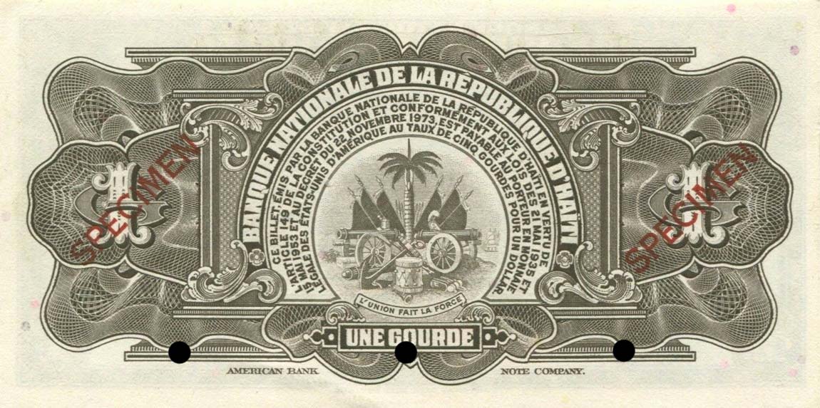 Back of Haiti p210s: 1 Gourde from 1973