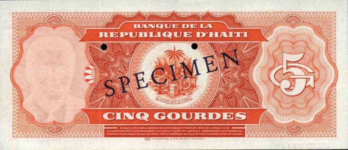 Back of Haiti p241s: 5 Gourdes from 1985