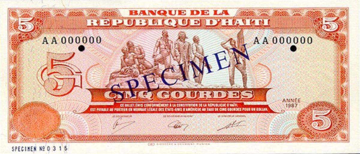 Front of Haiti p246s: 5 Gourdes from 1987
