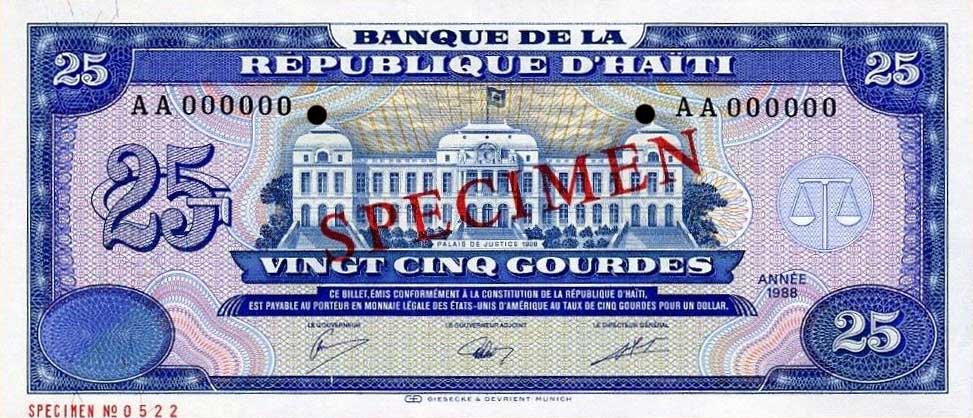 Front of Haiti p248s: 25 Gourdes from 1988