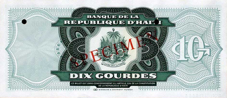 Back of Haiti p256s: 10 Gourdes from 1991