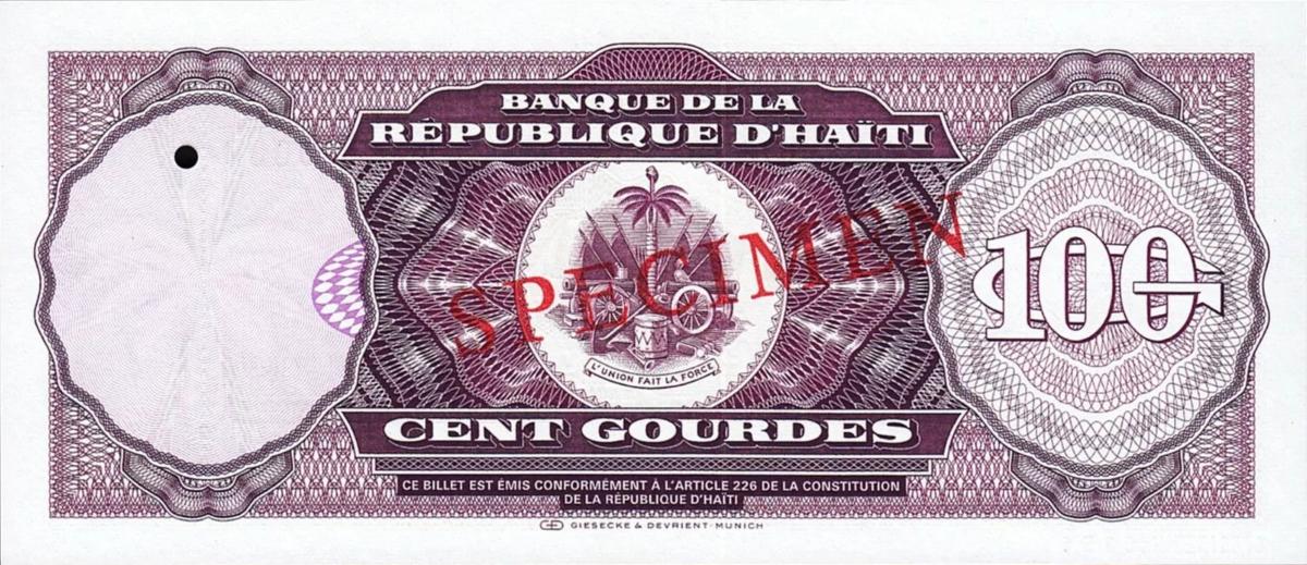 Back of Haiti p258s: 100 Gourdes from 1991