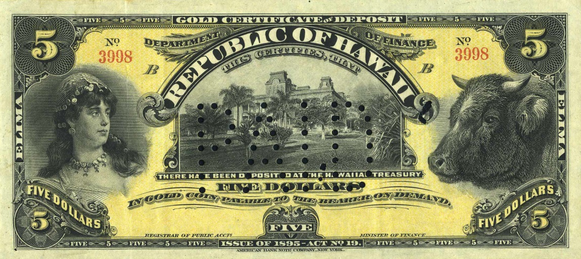 Front of Hawaii p6b: 5 Dollars from 1895