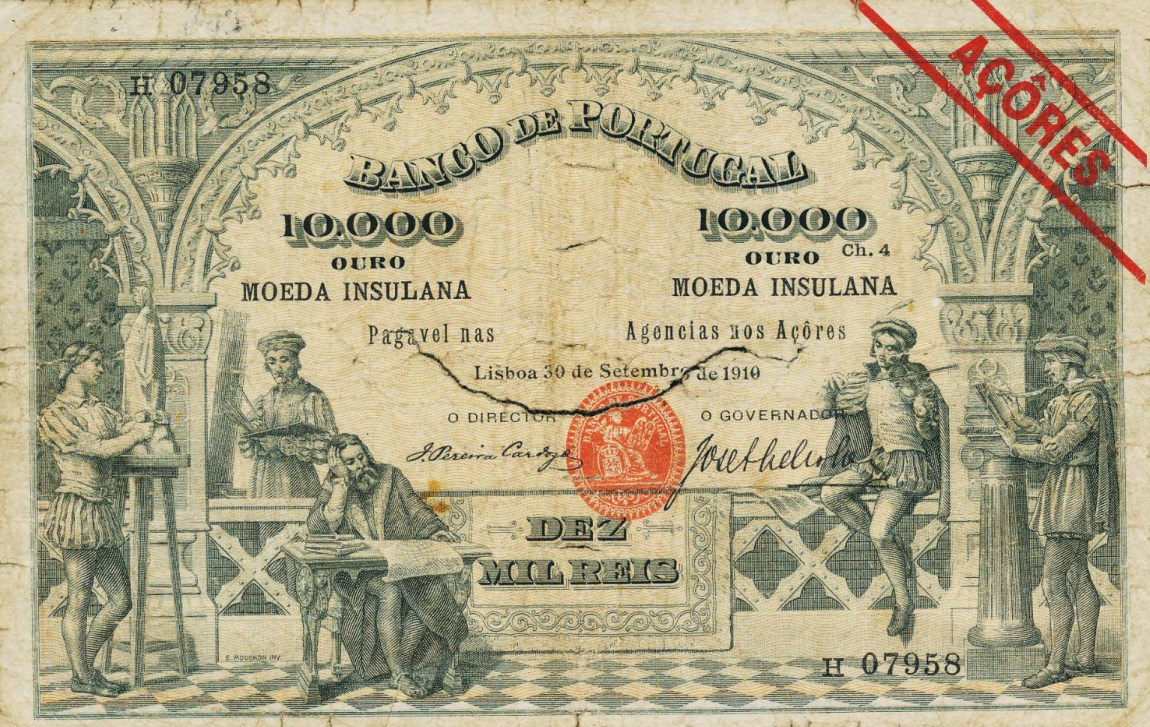 Front of Azores p12: 10 Mil Reis Ouro from 1910