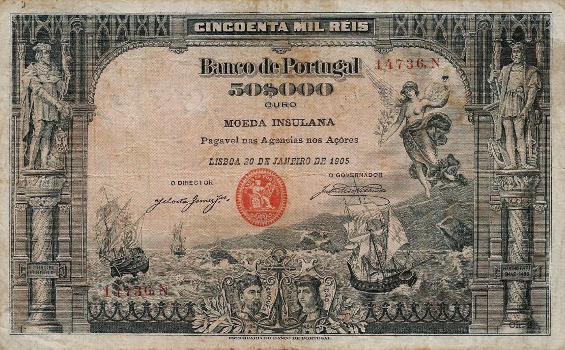 Front of Azores p14: 50 Mil Reis Ouro from 1905