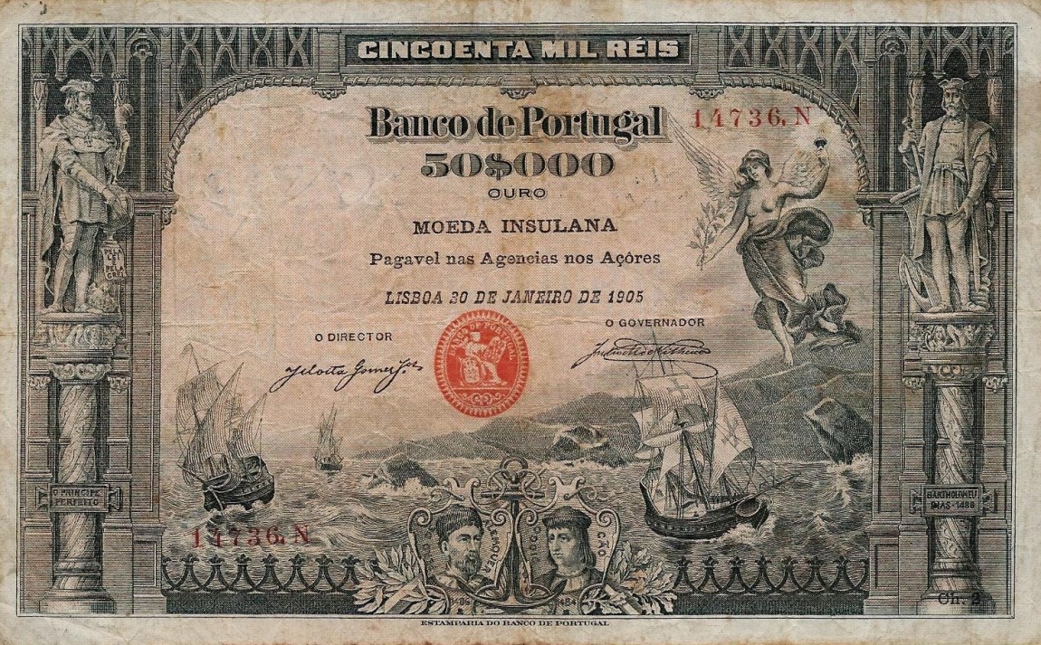 Front of Azores p14: 50 Mil Reis Ouro from 1905