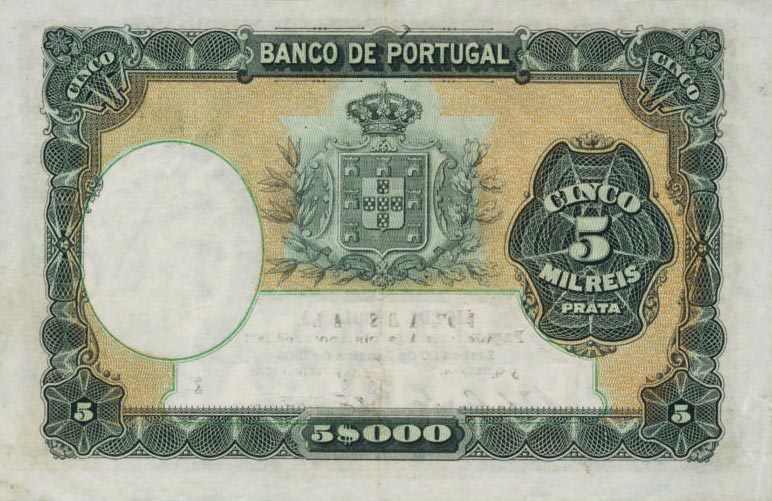 Back of Azores p9: 5 Mil Reis Prata from 1905