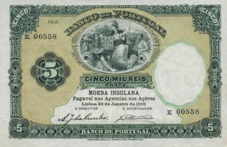 Front of Azores p9: 5 Mil Reis Prata from 1905