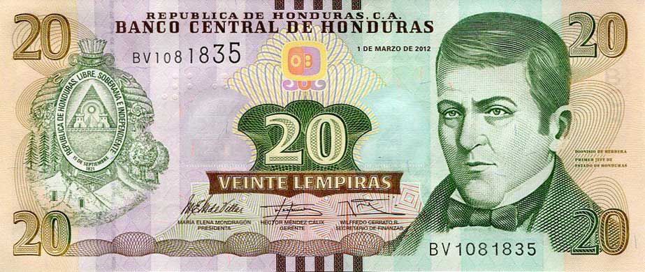 Front of Honduras p100a: 20 Lempiras from 2012