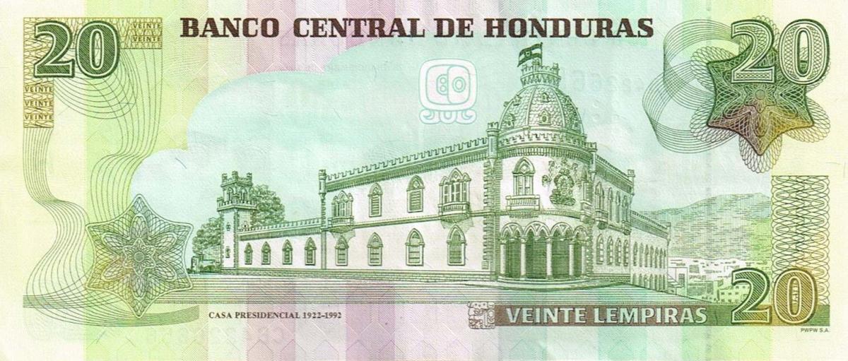 Back of Honduras p100c: 20 Lempiras from 2016