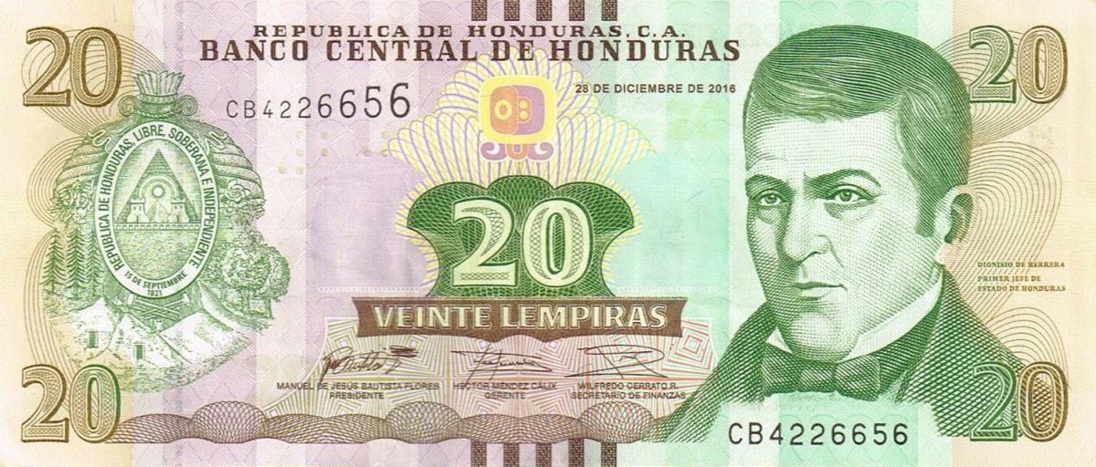Front of Honduras p100c: 20 Lempiras from 2016