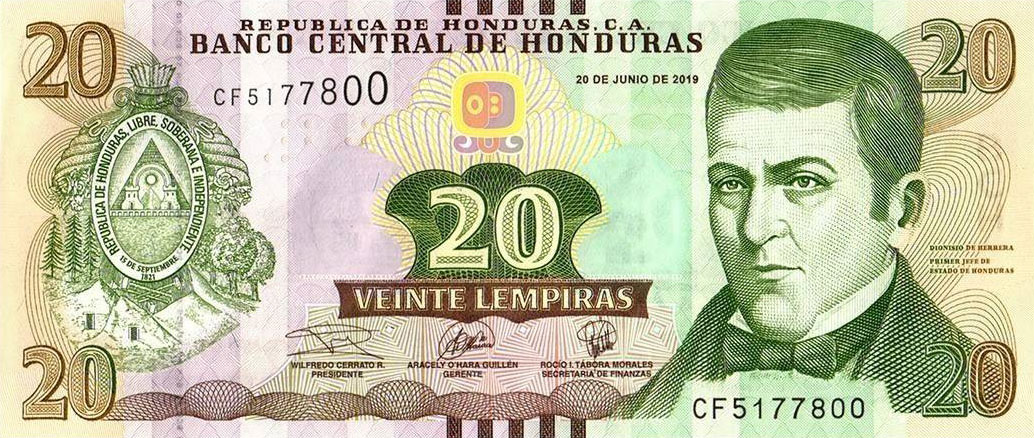 Front of Honduras p100d: 20 Lempiras from 2019