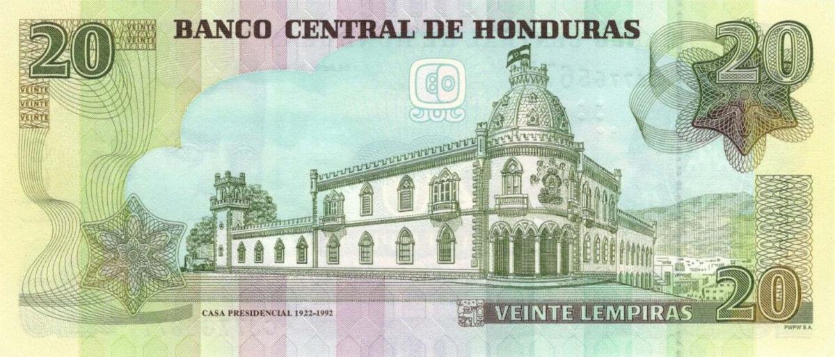 Back of Honduras p100e: 20 Lempiras from 2022