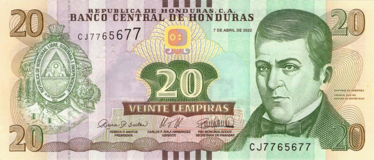 Front of Honduras p100e: 20 Lempiras from 2022