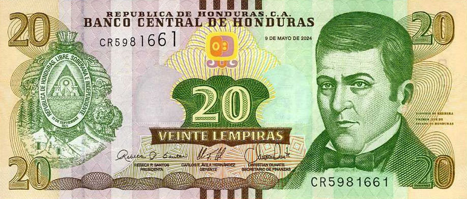 Front of Honduras p100f: 20 Lempiras from 2024