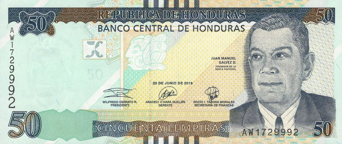 Front of Honduras p104b: 50 Lempiras from 2019