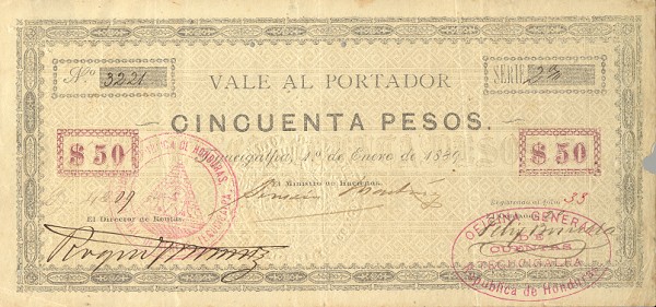 Front of Honduras p12: 50 Pesos from 1889
