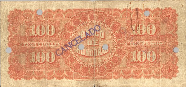 Back of Honduras p24a: 100 Pesos from 1889