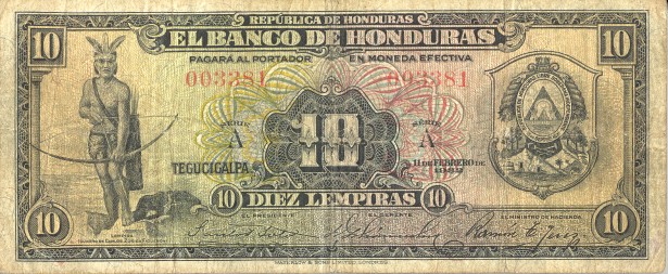 Front of Honduras p37a: 10 Lempiras from 1932