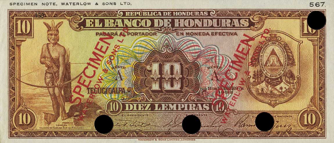 Front of Honduras p37s: 10 Lempiras from 1932